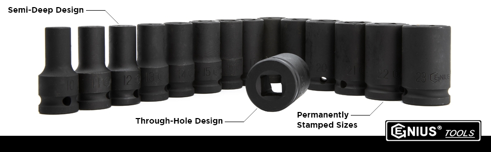 Genius Tools 1/2 Dr - 445210 CR-Mo 10mm Semi-Deep Thin Wall Impact Socket Genius Tools 1/2 Dr - 445210 CR-Mo 10mm Semi-Deep Thin Wall Impact Socket