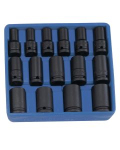 Genius Tools Impact Socket Set 15 Piece Metric Semi-Deep Thin Wall 1/2 Inch Drive CR-Mo Steel High Strength - DI-415M