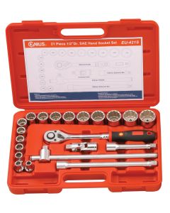 Genius Tools 21 Piece 1/2" Dr. SAE Hand Socket Set (12-Point) - EU-421S