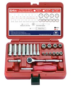 GS Tools 21Pc 1/4" Dr. SAE Deep Socket Set, 72T Metal Handle - GS-221S