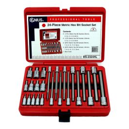 Genius Tools Hex Bit Socket Set 24 Piece Metric 1/4 Inch & 3/8 Inch Drive High-Strength S2 Steel - BS-2324HL