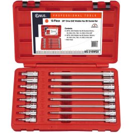 Genius Tools 16pc SAE Wobble Hex Bit Socket Set 3/8