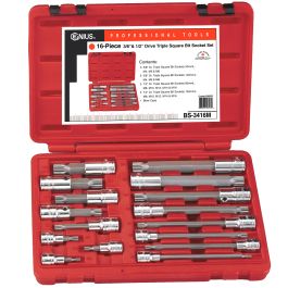 Genius Tools 16pc Triple Square Bit Socket Set, HSS, 3/8