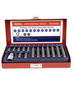 Genius Tools 15 Piece 1/2" Dr. 10mm Hex Shank Star Bit Set - TX-41015 