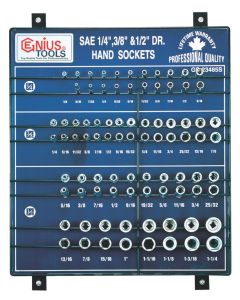 Genius Tools 85 Piece 1/4", 3/8" & 1/2" Dr. SAE Hand Socket Display Board - GS-23485S