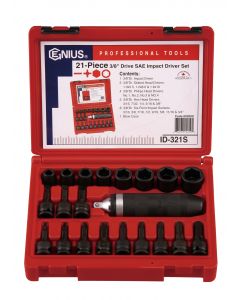 Genius Tools 21 Piece 3/8" Dr. SAE Impact Driver Set (CR-Mo) - ID-321S