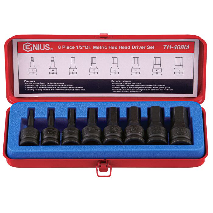 Genius Tools 8 Piece 1 2 Dr. Metric Hex Impact Bit Socket Set CR Mo TH 408M