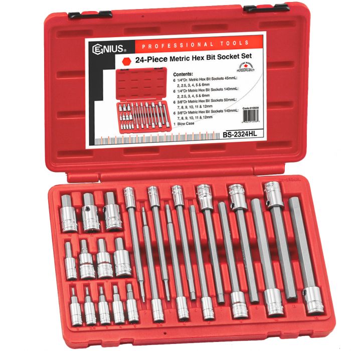 Genius Tools 24 Piece 1/4 & 3/8 Dr. Metric Hex Bit Socket Set - BS